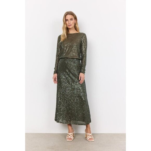 NWT SOYA CONCEPT Nanette 3 Chic Olive Green Glam Sequin Skirt - Picture 2 of 7